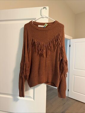 bishop + young Rust/Light Brown Rib-Knit Fringe Sweater